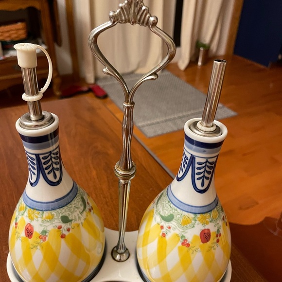 Ceramic Oil and Vinegar Dispenser Set - Blue and Yellow hand painted.  Cruet Set - Picture 4 of 7